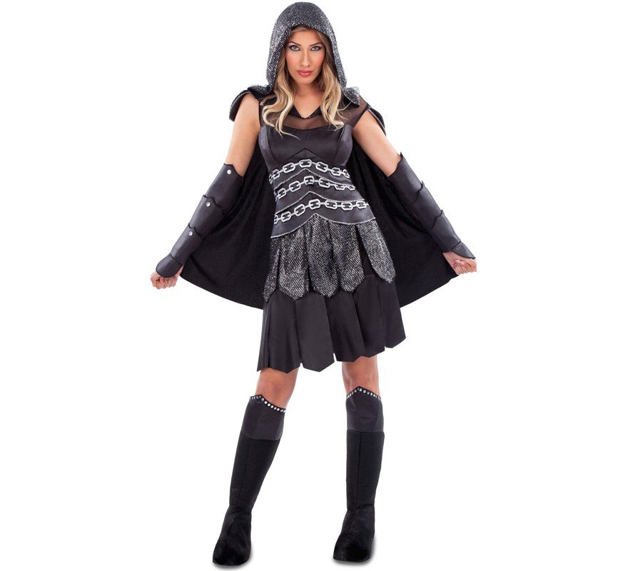 Disfraz De Guerrera Mujer My Other Me - Vestido Negro Con Capa, Manguitos Y Cubrebotas Plateados
